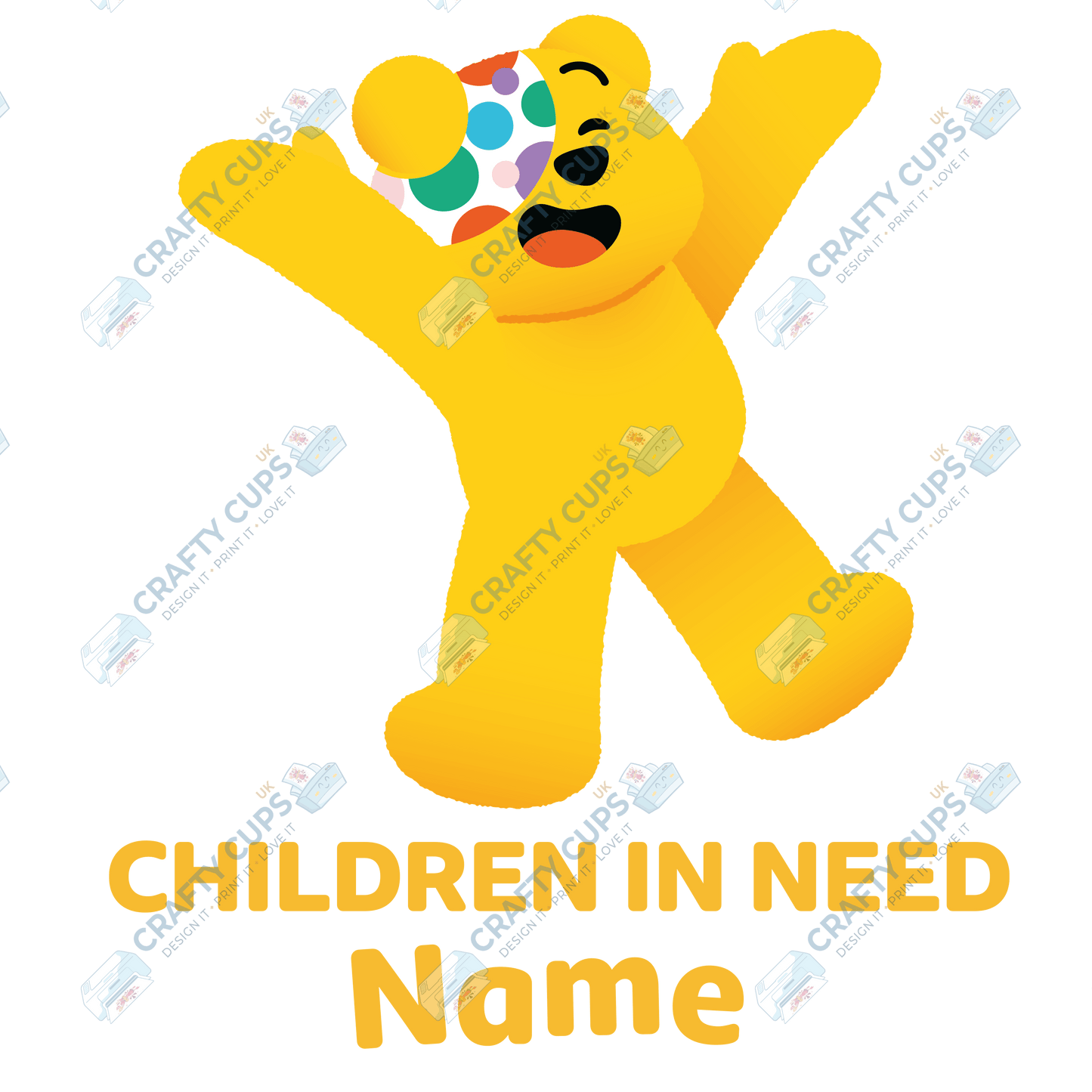 Custom Name Children in Need DTF Transfer – Pudsey Bear Design, Various Sizes, Heat Press Ready