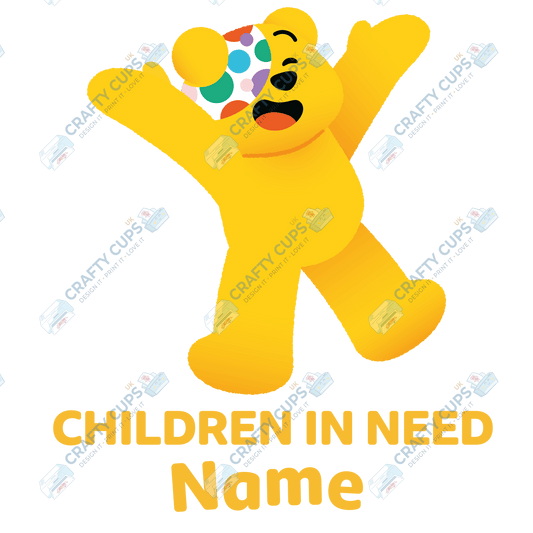 Custom Name Children in Need DTF Transfer – Pudsey Bear Design, Various Sizes, Heat Press Ready