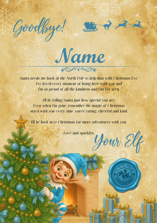 Personalised Elf Arrival & Goodbye Letter | Custom Name | Blue Elf Design on 250gsm Glossy Photo Paper | Christmas Letter Set