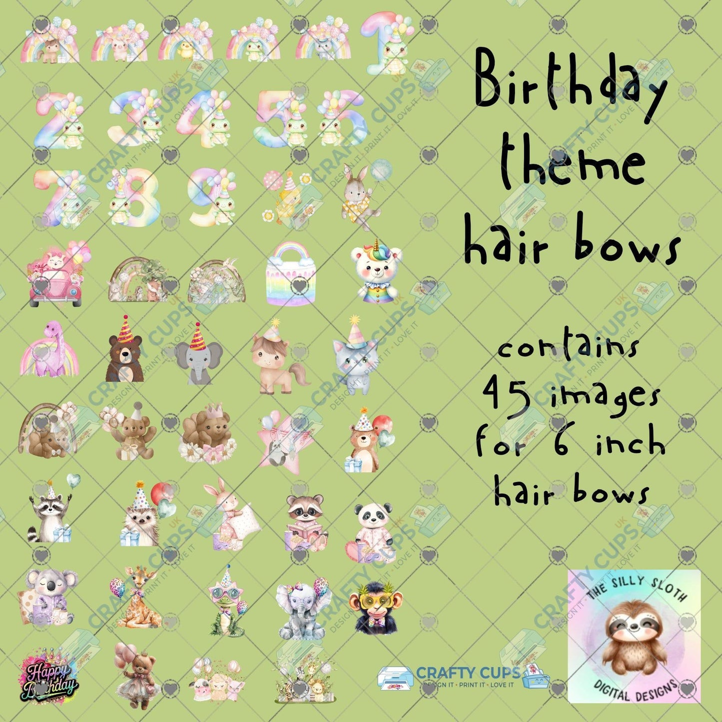 Birthday Theme 6" Hair Bow DTF Gangsheet – 45 Designs | Silly Sloth Digital Designs | Ready-to-Press DTF Print 30x50cm