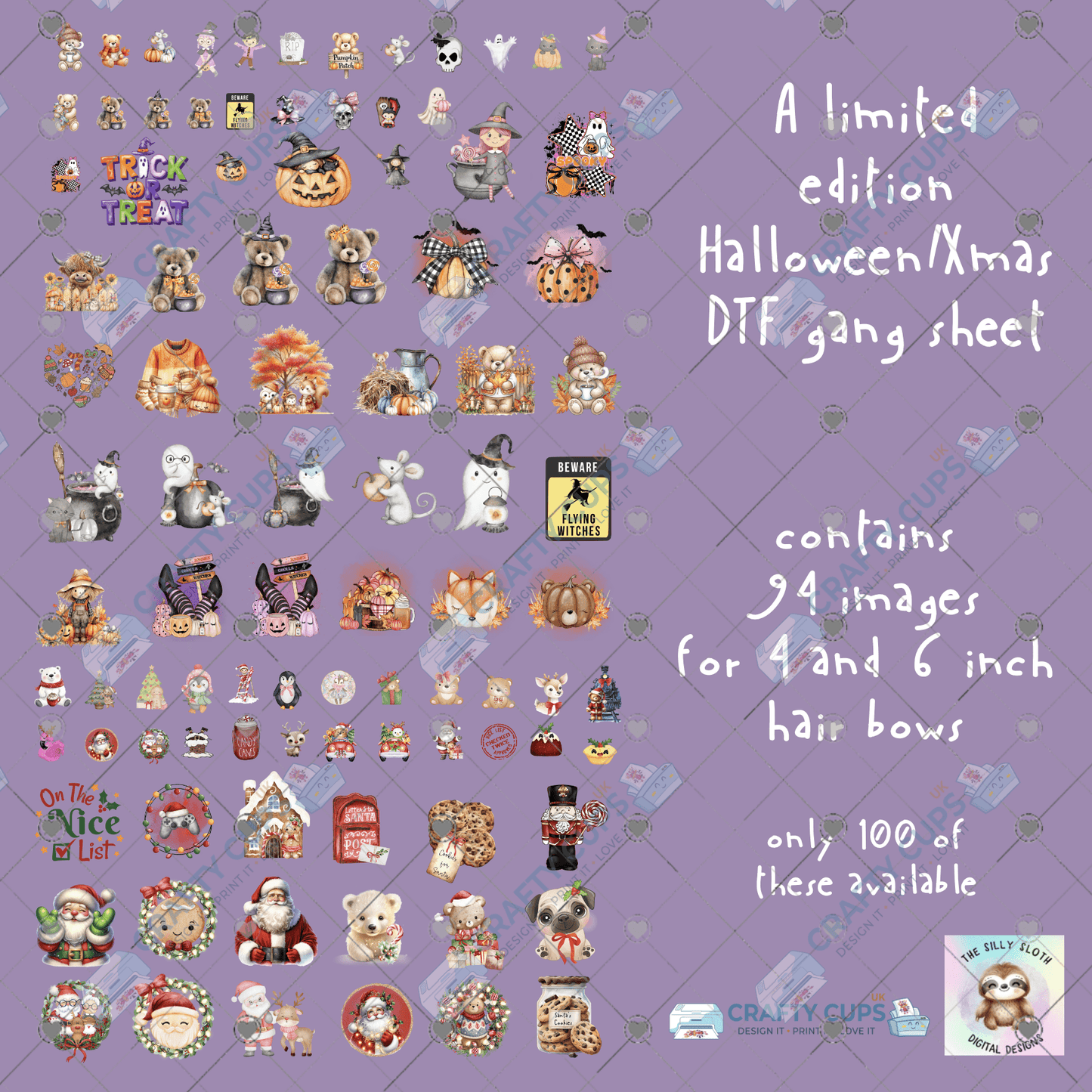 Silly Sloth Digital Designs Xmas & Halloween DTF Gangsheet | 30x50cm | 94 Designs for 4" & 6" Hair Bows | Limited to 100 Prints | £9