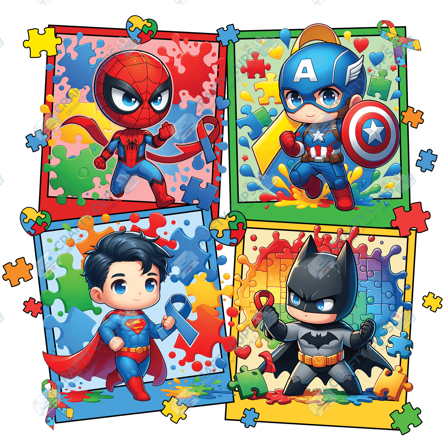 Cartoon Autism Awareness DTF Transfers – Colorful Puzzle Piece Prints for Shirts, Hoodies & Gifts