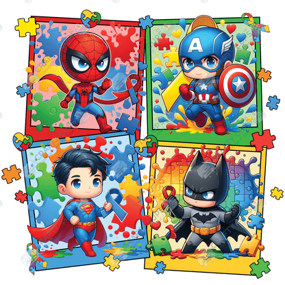 Cartoon Autism Awareness DTF Transfers – Colorful Puzzle Piece Prints for Shirts, Hoodies & Gifts