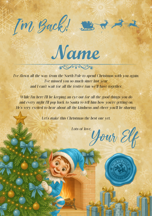 Personalised Elf Arrival & Goodbye Letter | Custom Name | Blue Elf Design on 250gsm Glossy Photo Paper | Christmas Letter Set
