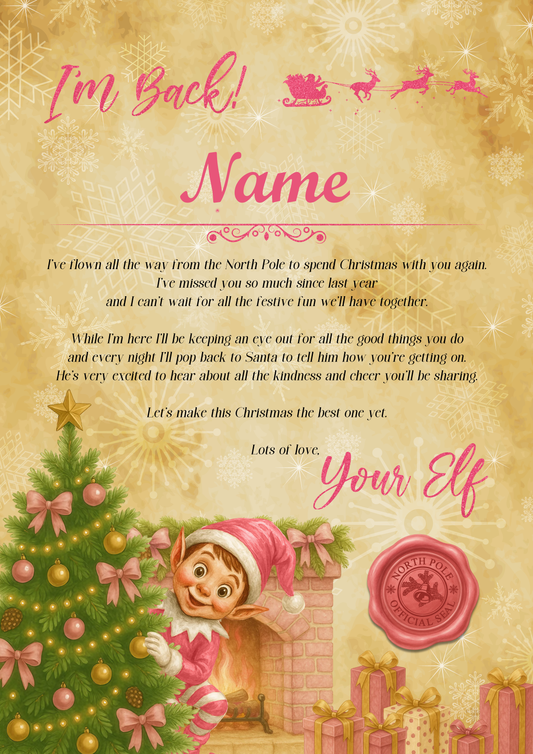 Personalised Elf Arrival & Goodbye Letter | Custom Name | Pink Elf Design on 250gsm Glossy Photo Paper | Christmas Letter Set