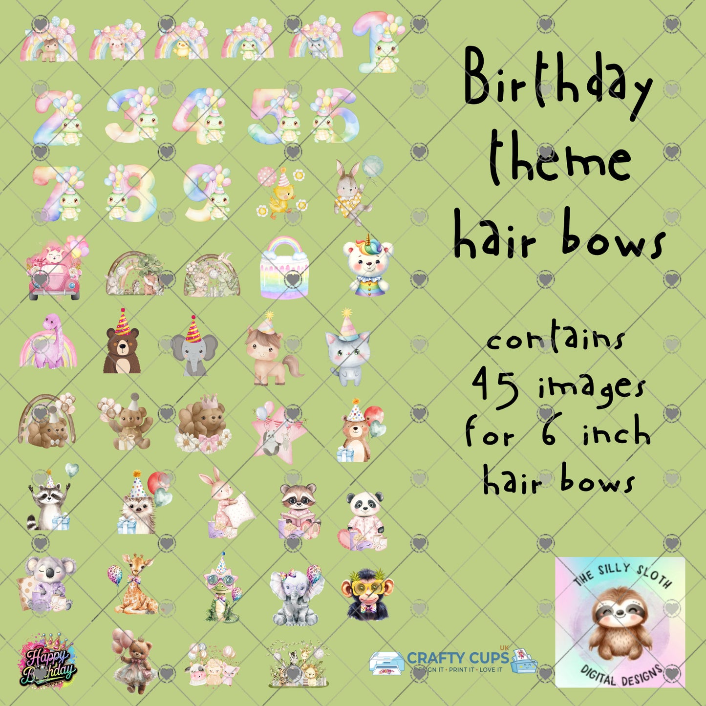 Birthday Theme 6" Hair Bow DTF Gangsheet – 45 Designs | Silly Sloth Digital Designs | Ready-to-Press DTF Print 30x50cm